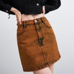 Zara Orange Acid Wash Denim Hi Rise Mini Skirt NWT